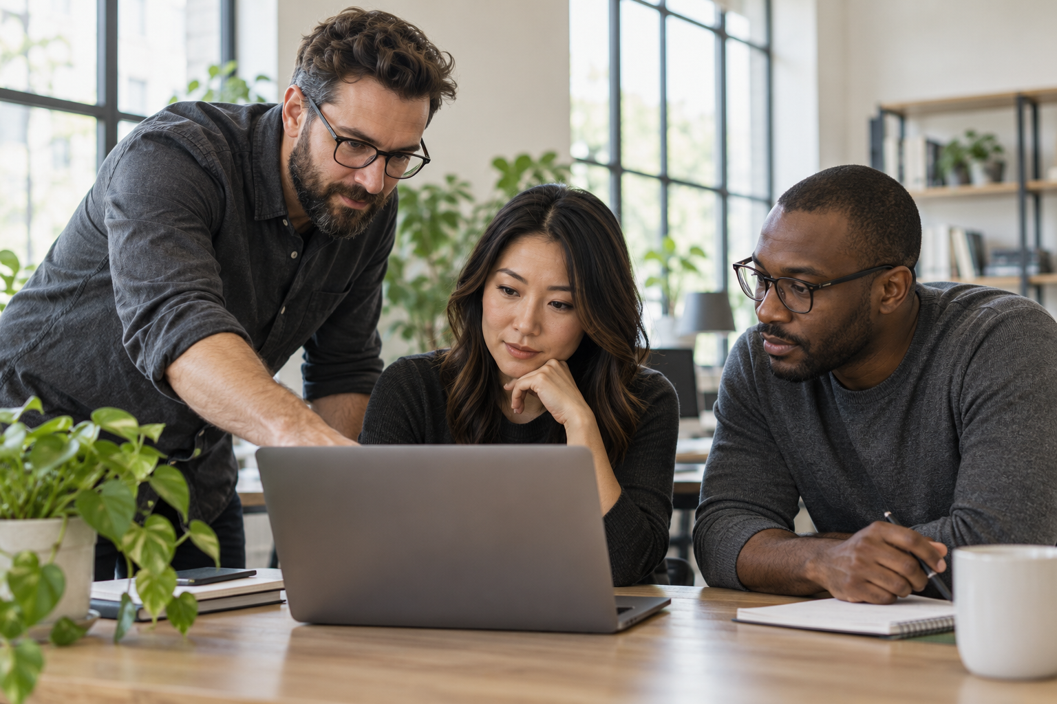 Three colleagues working through a question together at a laptop